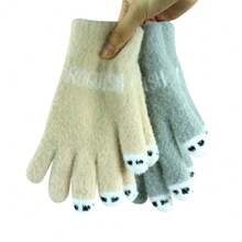 新款觸屏露指手套,保護手指,針織寫作手套,秋冬可愛卡通風格,適用於學生 - 卡其色 - 查看 3