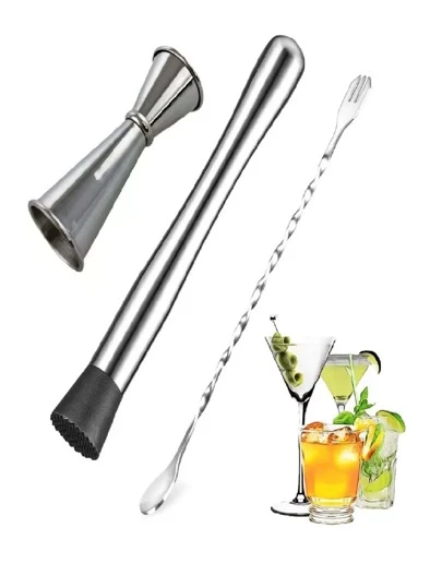 Kit 3 En 1 Muddler Jigger Cuchara Para Mezclar Cocteleria  Mixologia Herramientas Para Bar Barra Mortero Onza