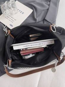 Women's Solid Color Chain Decor Shoulder Bag, Minimalist Lightweight Large Capacity Shopping Bag For Daily Office Work And Travel, Fashion Hobo Bag Crossbody Bag Handbag Backpack Back To School Teacher Appreciation Gift - 黑色 - 查看 3