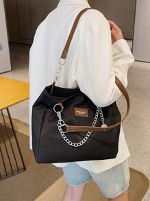 Women's Solid Color Chain Decor Shoulder Bag, Minimalist Lightweight Large Capacity Shopping Bag For Daily Office Work And Travel, Fashion Hobo Bag Crossbody Bag Handbag Backpack Back To School Teacher Appreciation Gift - 黑色 - 查看 5