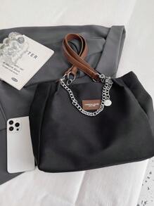 Women's Solid Color Chain Decor Shoulder Bag, Minimalist Lightweight Large Capacity Shopping Bag For Daily Office Work And Travel, Fashion Hobo Bag Crossbody Bag Handbag Backpack Back To School Teacher Appreciation Gift - 黑色 - 查看 4