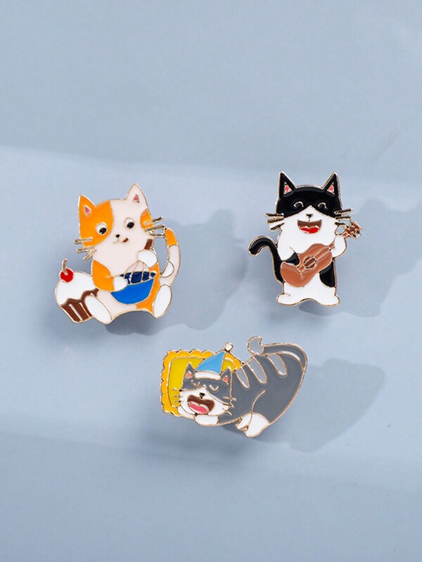 3pcs Cute Cartoon Cat Brooch, Adorable Animal Dog Guitar Cat Couple Student Backpack Metal Badge, Versatile Design For Friends