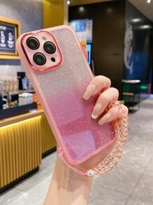 1pc Translucent Pink Phone Case With Beaded Wrist Strap Compatible With IPhone/Compatible With Samsung/Compatible With Xiaomi/Compatible With Redmi/Compatible With Oppo/Compatible With Vivo,International Version, Not The Domestic Version - Baby Pink - View 3