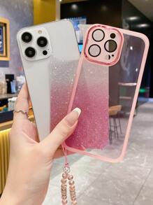 1pc Translucent Pink Phone Case With Beaded Wrist Strap Compatible With IPhone/Compatible With Samsung/Compatible With Xiaomi/Compatible With Redmi/Compatible With Oppo/Compatible With Vivo,International Version, Not The Domestic Version - Baby Pink - View 4