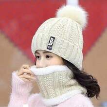 1pc Women's Hat & Scarf Set Thickened Knitted Cap With Earflaps & Neck Warmer For Winter Outdoor Cycling - Beige - View 2