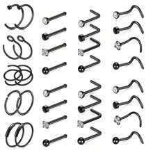 34入組不鏽鋼鼻針和鼻環套裝,鋯石鼻針,扁平頂鼻針,球形鼻針,多種鼻環,男女日常佩戴