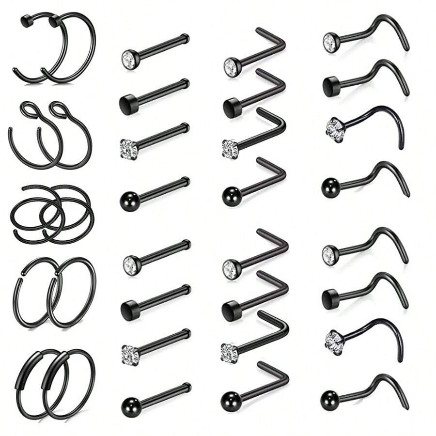 34入組不鏽鋼鼻針和鼻環套裝,鋯石鼻針,扁平頂鼻針,球形鼻針,多種鼻環,男女日常佩戴