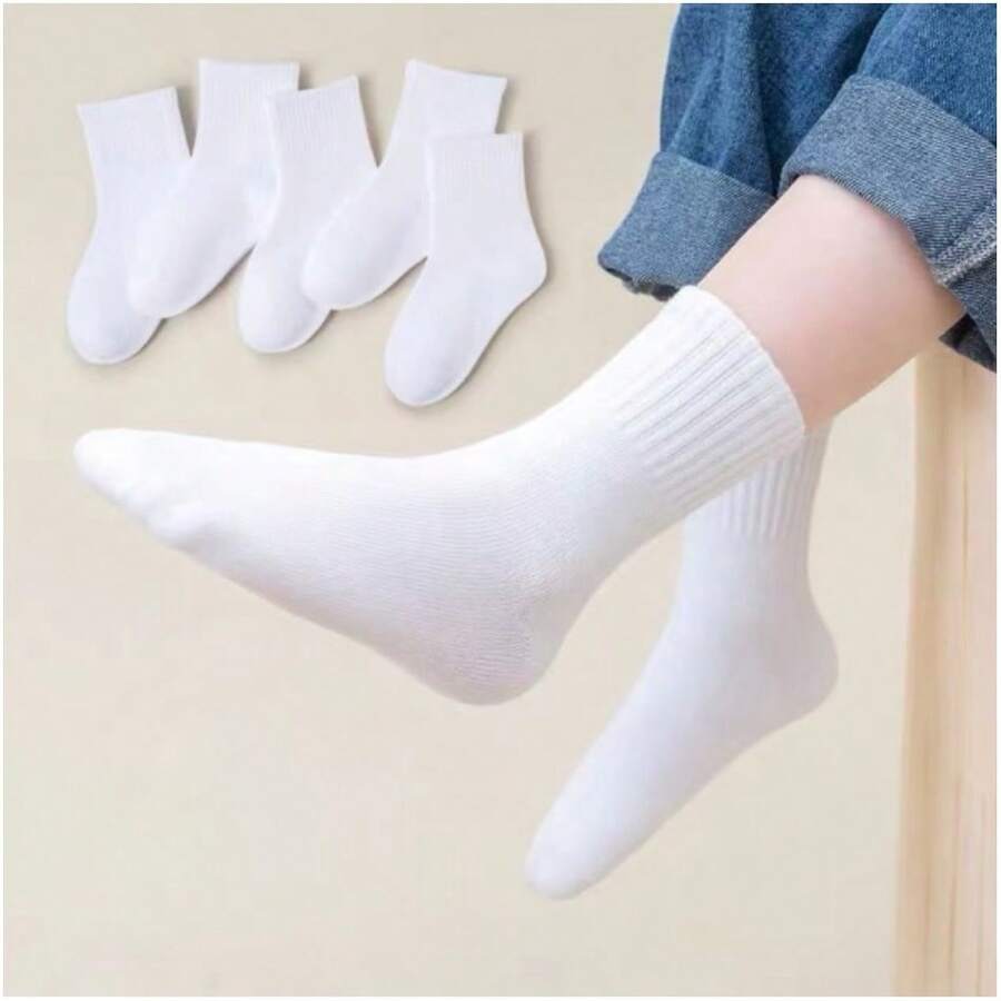 5雙/組秋冬加厚兒童白色中筒襪,適用於男女童及學生 - 白色 - 查看 1