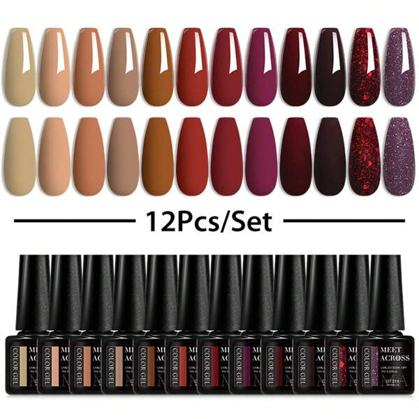 MEET ACROSS 12pcs Gel Nail Polish Set, Summer Nails, 7ML Coffee Red Solid Color Gel Polish Set, Semi Permanent UV Gel Varnish Autumn Winter Color Glitter Nail Gel Polish Set, Soak Off UV LED Nail Glue, Manicure Kit Nail Supplies Nail Art DIY Home Salon Gift For Women
