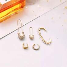5pcs Ear Clips Women Gold Long Earrings Studs Pearl Earcuff Black Gemstone - perla - View 5