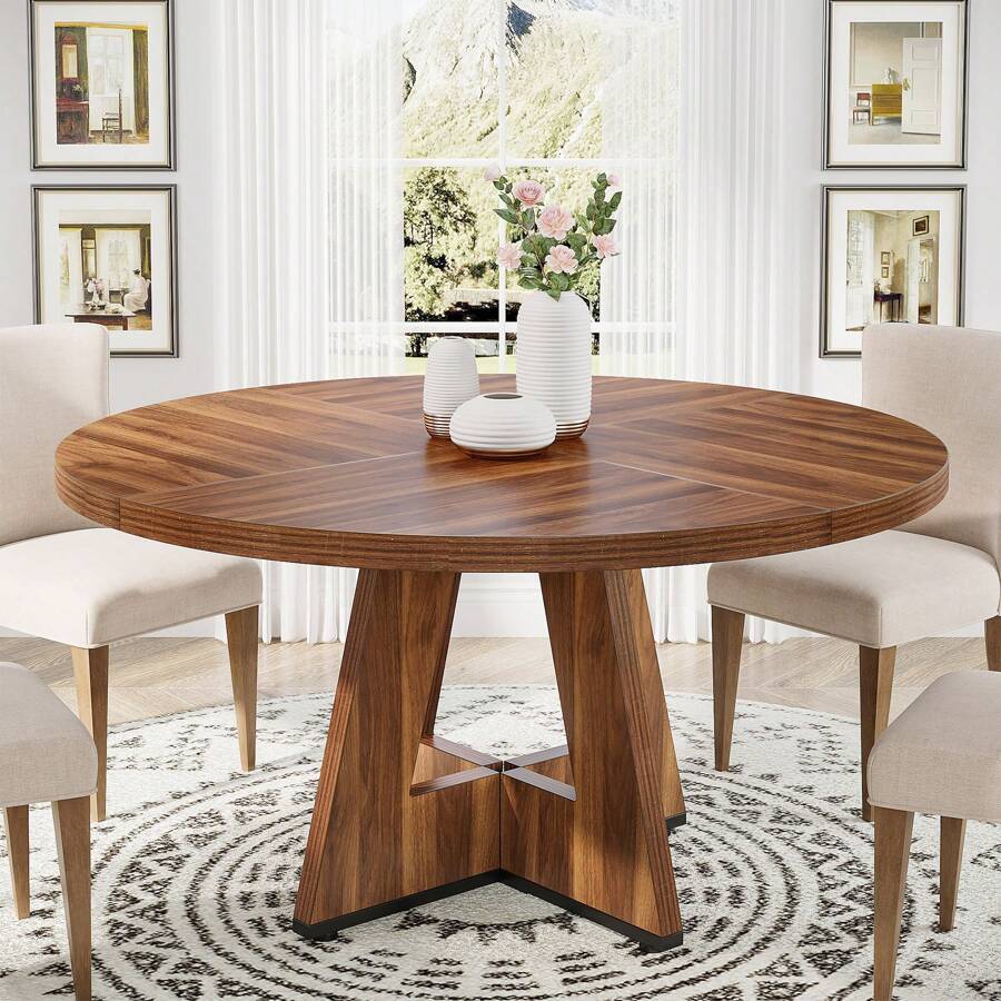 Tribesigns Round Dining Table For 4, 47 Inch Farmhouse Kitchen Table Small Dinner Table Wood Kitchen Dinning Table For Dining Room Kitchen,Living Room - 質樸棕色 - 查看 1