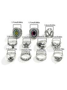 11入組嘻哈時尚合金眼睛造型戒指套裝 - 復古銀色 - 查看 2