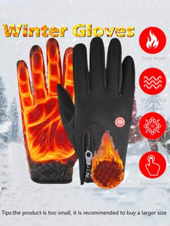 1 pereche de mănuși termice antiderapante, rezistente la vânt, pentru bărbați și femei, pentru exterior, cu ecran tactil, cu fermoar și logo aleatoriu, pentru toamnă și iarnă