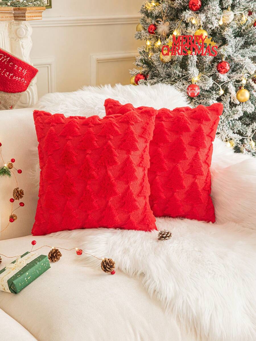1pc Christmas Tree Embroidery Red Pillow Cover