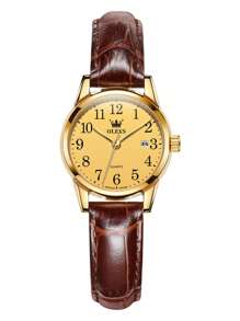 OLEVS. OLEVS Women's Business Dress Watches For Ladies Female Brown Leather Strap Small Face Dress Analog Quartz Wrist Watch With Calendar Day Date Waterproof Luminous Gift Classic Casual Retro Band - 金色 - 查看 9