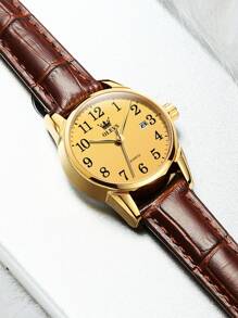OLEVS. OLEVS Women's Business Dress Watches For Ladies Female Brown Leather Strap Small Face Dress Analog Quartz Wrist Watch With Calendar Day Date Waterproof Luminous Gift Classic Casual Retro Band - 金色 - 查看 3