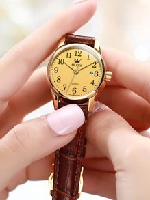 OLEVS. OLEVS Women's Business Dress Watches For Ladies Female Brown Leather Strap Small Face Dress Analog Quartz Wrist Watch With Calendar Day Date Waterproof Luminous Gift Classic Casual Retro Band - 金色 - 查看 6