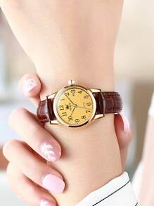 OLEVS. OLEVS Women's Business Dress Watches For Ladies Female Brown Leather Strap Small Face Dress Analog Quartz Wrist Watch With Calendar Day Date Waterproof Luminous Gift Classic Casual Retro Band - 金色 - 查看 4