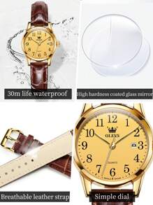 OLEVS. OLEVS Women's Business Dress Watches For Ladies Female Brown Leather Strap Small Face Dress Analog Quartz Wrist Watch With Calendar Day Date Waterproof Luminous Gift Classic Casual Retro Band - 金色 - 查看 8