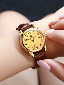 OLEVS. OLEVS Women's Business Dress Watches For Ladies Female Brown Leather Strap Small Face Dress Analog Quartz Wrist Watch With Calendar Day Date Waterproof Luminous Gift Classic Casual Retro Band - 金色 - 查看 5