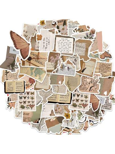 50pcs Non-Repetitive Vintage Asymmetric Object & Quote Waterproof Stickers Suitable For Decorating Luggage, Guitar, Notebook, Etc. Back To School