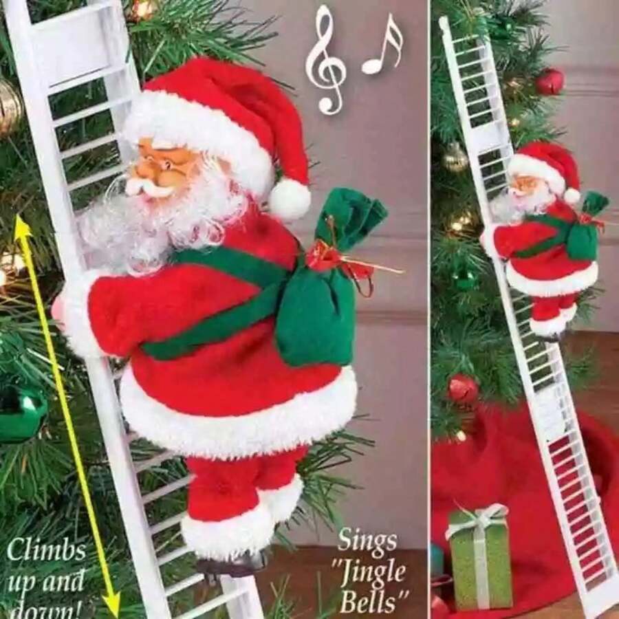 Adorno navideño Santa subiendo escalera para árbol de Navidad, figura decorativa con Papá Noel trepando una escalera roja, diseño clásico festivo ideal para colgar en pinos navideños, guirnaldas, puertas, ventanas o paredes, decoración creativa para hogares, oficinas, tiendas y vitrinas, muñeco de Santa con traje rojo y saco de regalos que aporta un toque divertido y tradicional a la temporada decembrina, material ligero y fácil de colocar, perfecto para crear ambientes festivos y fotografías temáticas, accesorio llamativo para fiestas navideñas, eventos, intercambios o regalos, adorno original que destaca entre luces y esferas, complemento ideal para transformar cualquier espacio en un escenario lleno de espíritu navideño y alegría visual. - Rojo - Ver 1