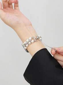 1入女性時尚珍珠鑲嵌手鍊，與Apple Watch 40mm、44mm、42mm、45mm、49mm、41mm、38mm相容的可調節金屬鍊錶帶，適用於系列Ultra 9 8 7 SE 6 5 4 3 2 1 - Pearl White - 查看 2