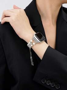 1入女性時尚珍珠鑲嵌手鍊，與Apple Watch 40mm、44mm、42mm、45mm、49mm、41mm、38mm相容的可調節金屬鍊錶帶，適用於系列Ultra 9 8 7 SE 6 5 4 3 2 1 - Pearl White - 查看 1