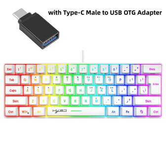 HXSJ 60% Wired Gaming Keyboard, RGB Backlit Mini Keyboard, with Type-C Male to USB OTG Adapter Waterproof Small Ultra-Compact 61 Keys Keyboard for PC/ Gamer, Typist, Travel, Easy to Carry on Business Trip White