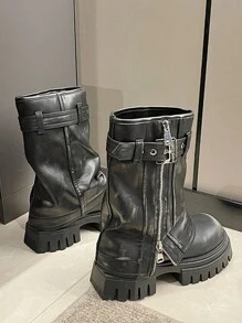 女士真皮高跟西部牛仔靴,具平台底,秋冬季復古英國風騎士靴 - 黑色 - 查看 5