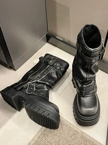 女士真皮高跟西部牛仔靴,具平台底,秋冬季復古英國風騎士靴 - 黑色 - 查看 4