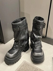 女士真皮高跟西部牛仔靴,具平台底,秋冬季復古英國風騎士靴 - 黑色 - 查看 3