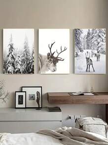 Conjunto De 3 Peças Pintura Decorativa De Sala De Estar De Alces De Floresta, Arte De Parede De Fundo De Sofá De Paisagem - Multicolorido - Ver 1