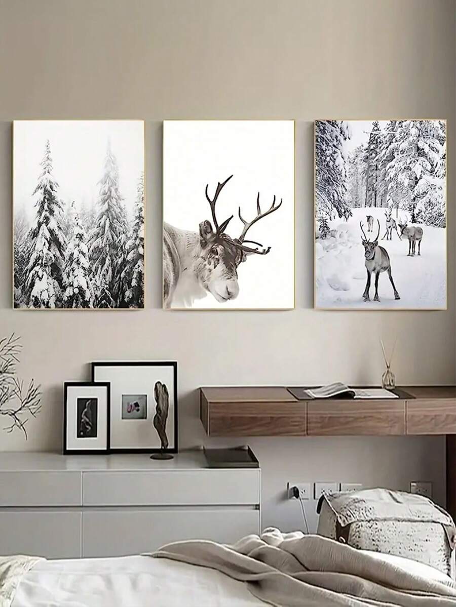 Conjunto De 3 Peças Pintura Decorativa De Sala De Estar De Alces De Floresta, Arte De Parede De Fundo De Sofá De Paisagem - Multicolorido - Ver 1