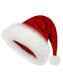 1 件圣诞帽，成人圣诞老人帽子节日男女通用天鹅绒舒适超厚毛皮圣诞帽，适合新年节日派对 - 紅色 - 查看 1
