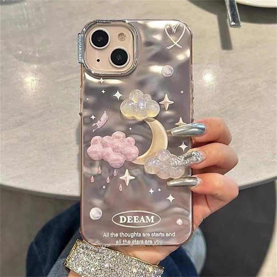 韓版可愛的3D閃爍雲朵折疊啞光鍍膜月亮保護殼,適用於iPhone 15 Pro Max 14 Pro Max 13 Pro Max 14 12 11 15 - 粉色 - 查看 1