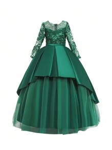 女童纯色薄纱缎面镶钻优雅连衣裙，适合派对、学校、钢琴演奏会等场合，不含配饰 - 綠色 - 查看 1