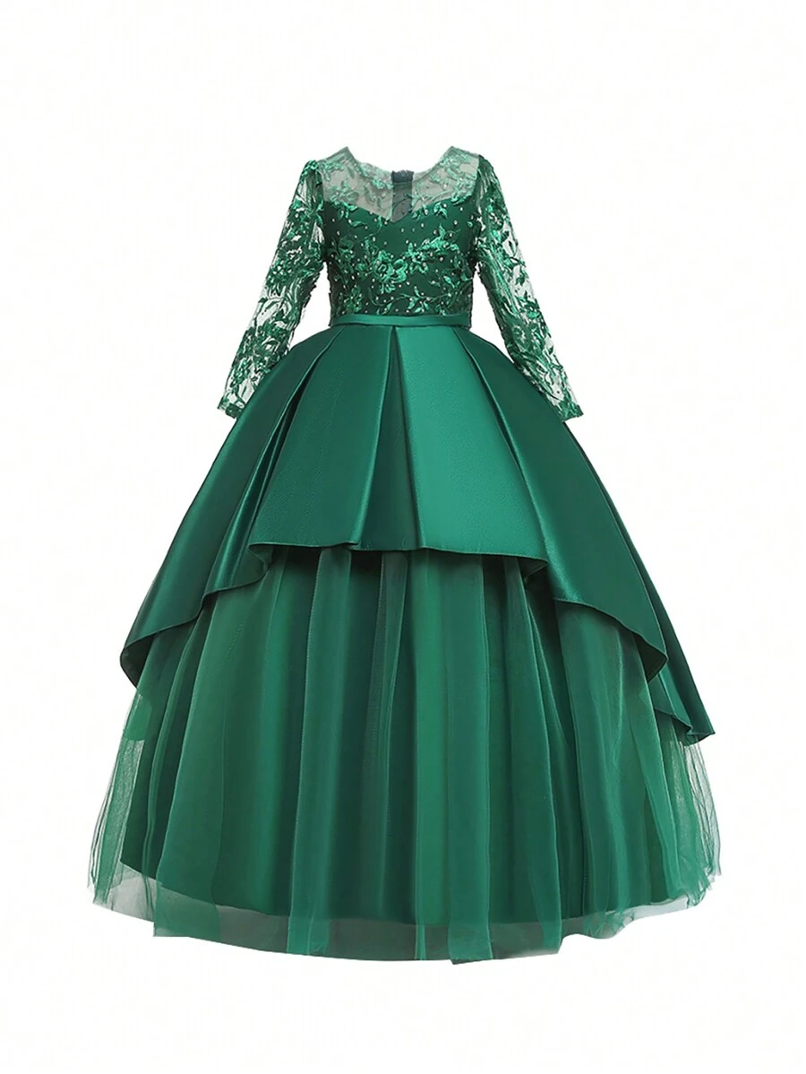 女童纯色薄纱缎面镶钻优雅连衣裙，适合派对、学校、钢琴演奏会等场合，不含配饰 - 綠色 - 查看 1