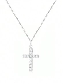 SYMFNY [情人节礼物] 925 银锆石十字架项链，女士独特设计锁骨链，奢华魅力生日礼物，送给女朋友，女士约会珠宝 - 銀色 - 查看 3
