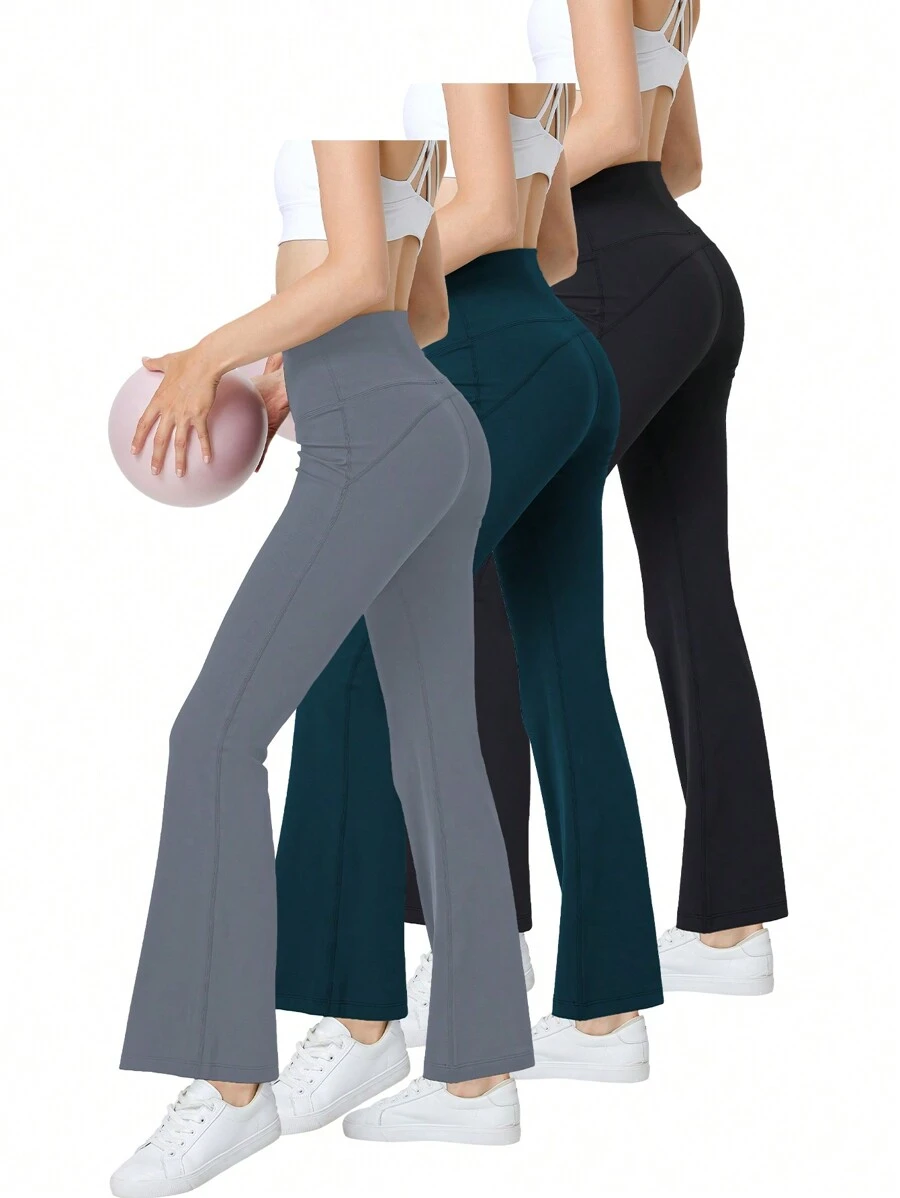 女款高腰瑜珈喇叭褲,附口袋彈性收腹健身緊身褲,純色寬褲休閒褲