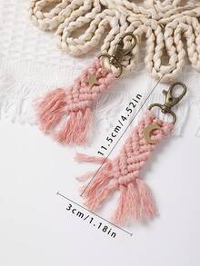 2入組通用粉紅色星月形流蘇手工編織鑰匙圈,長短兩款,適用於禮品和日常使用 - 粉色 - 查看 4