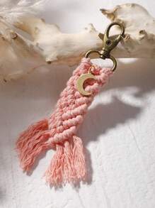 2入組通用粉紅色星月形流蘇手工編織鑰匙圈,長短兩款,適用於禮品和日常使用 - 粉色 - 查看 2