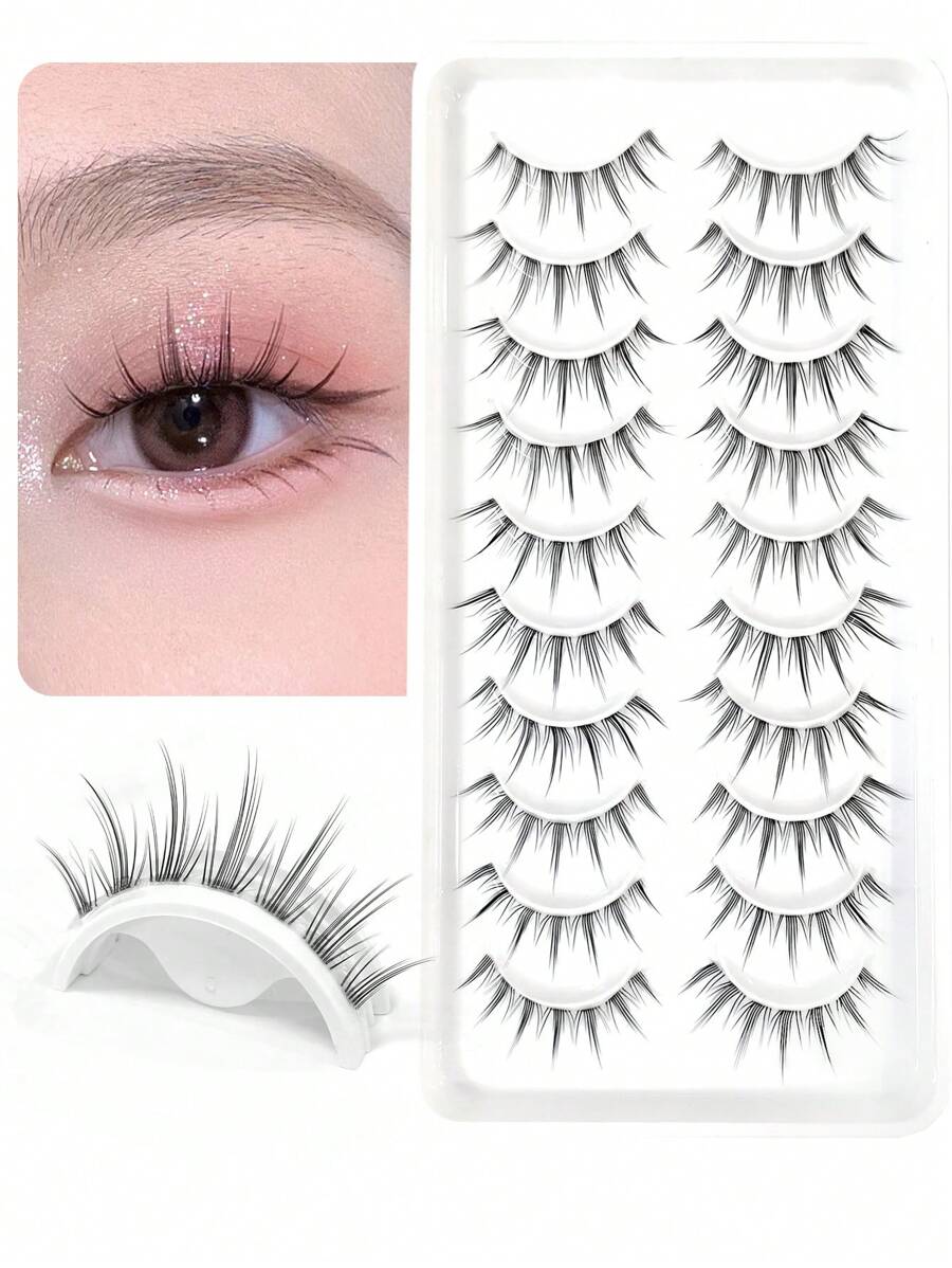 Asiteo 10 Pairs Cartoon Style False Eyelashes, Delicate Band Design, Transparent & Soft - Black - View 1
