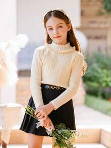 Toddler Girls' Lace Hem Knitted Sweater Winter 2023 New Arrival Stylish Undershirt - Apricot - View 5