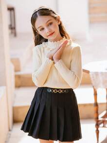 Toddler Girls' Lace Hem Knitted Sweater Winter 2023 New Arrival Stylish Undershirt - Apricot - View 3