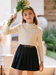 Toddler Girls' Lace Hem Knitted Sweater Winter 2023 New Arrival Stylish Undershirt - Apricot - View 7