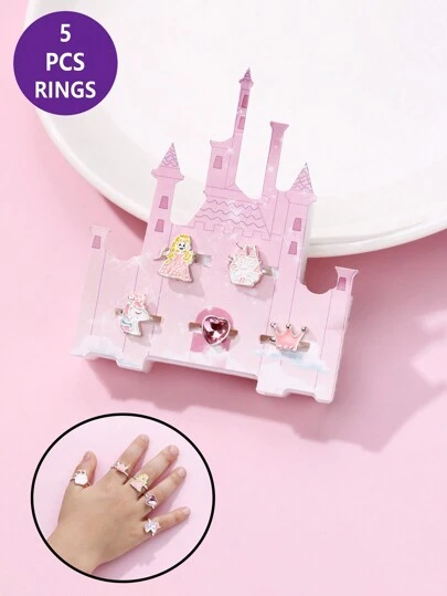 5 piezas/set Chicas corona , con unicornio , princesa , con diseño de corazón aleación de zinc de colores Aceite castillo de plástico Caja anillos , adecuado para uso diario