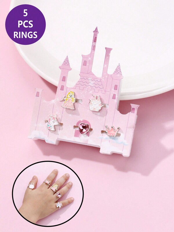 5قطعات/طقم بنات تاج , وحيد القرن , أميرة , تصميم قلب سبائك الزنك متعدد الألوان زيت قلعة بلاستيك صندوق خاتم , مناسب الى ملابس يومية