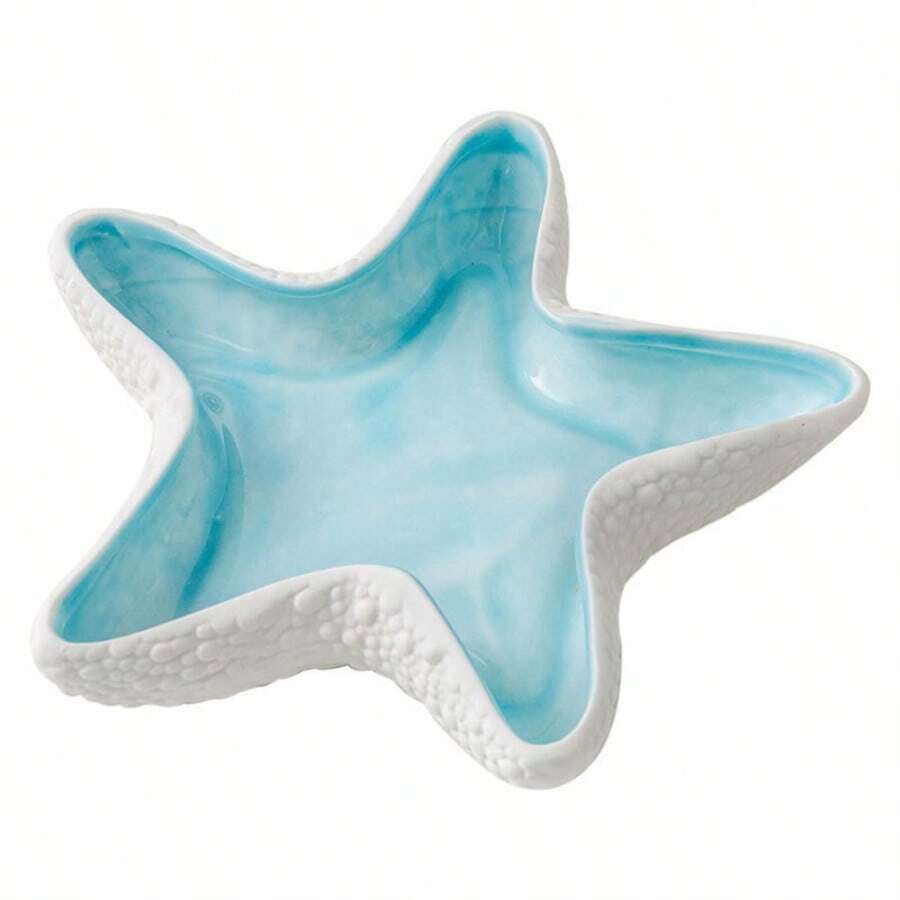 Ceramic Starfish Jewelry Dish Tray Pink Ring Holder Trinket Dish Small Candy Dish Trinket Tray Jewelry Plate Decorative Tray Key Bowl For Entryway Table Jewelry Party Home Festival Decor - Blue and White - View 1