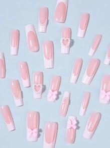 Nâng cao phong cách của bạn với, 24 chiếc nơ hình vuông màu trắng cổ điển kiểu Pháp & 3D, Bộ móng tay giả thiết kế ngọc trai giả hình trái tim, Chứa 1 keo thạch và 1 dũa móng tay, dành cho phụ nữ và trẻ em gái dùng hàng ngày Dụng cụ làm móng tay - Nhiều màu - Xem 3